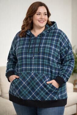 Vintage Fashion Bug Plus Size 22/24W Plaid Hoodie Teal Navy Blue Fleece Pullover
